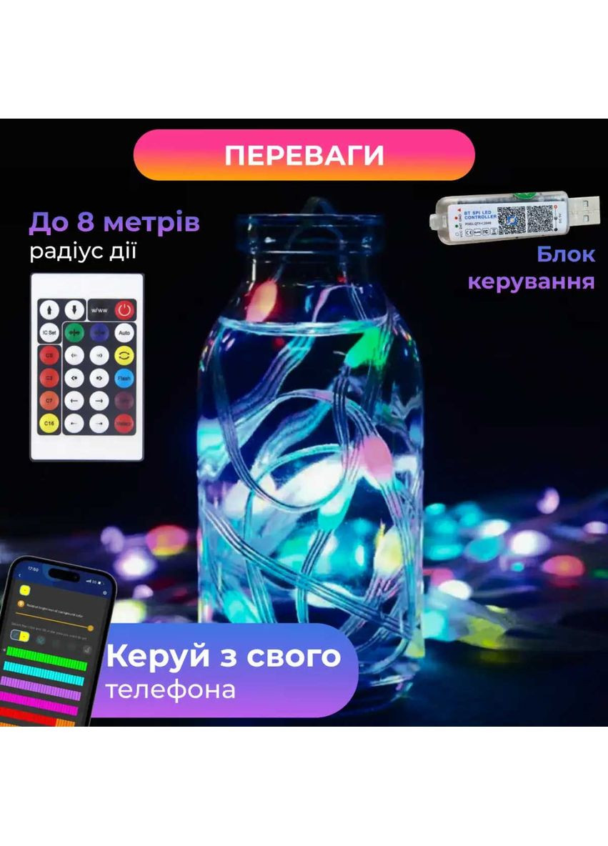 Умная гирлянда Smart 250 LED длина 2,5 м с управлением смартфона прозрачная, мультиколор Jooki (362672691)