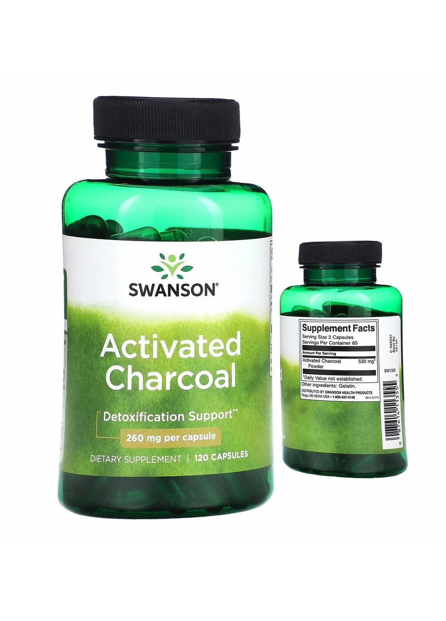 Активоване вугілля 260 мг 120 капсул Charcoal Activated таблетки кокосове вугілля активоване США Swanson (373619844)