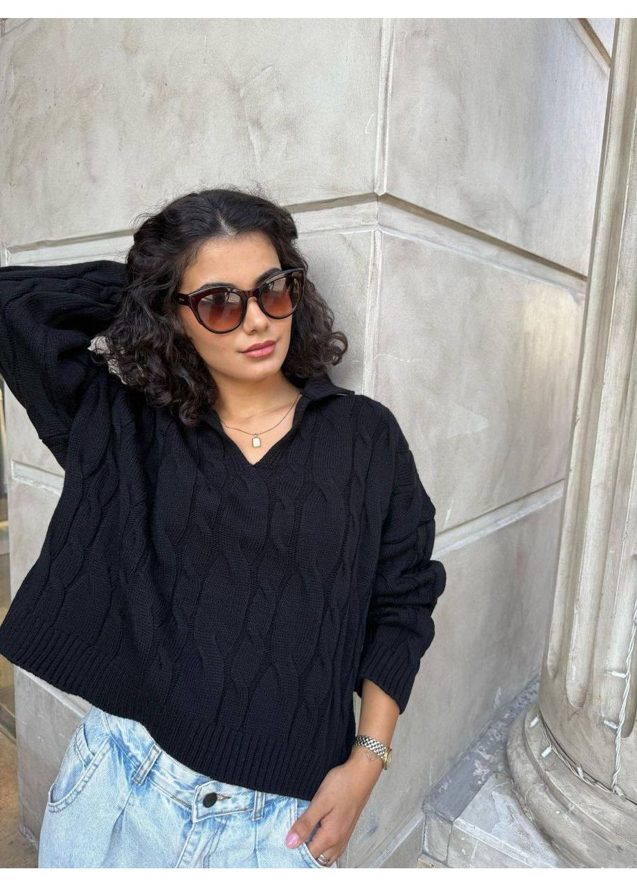 Чорний демісезонний 💥 оверсайз светр із візерунком «коси» та комірцем-поло – ідеальний стиль для холодного сезону! розмірна сітка в описі DK/DL Мода без кордонів