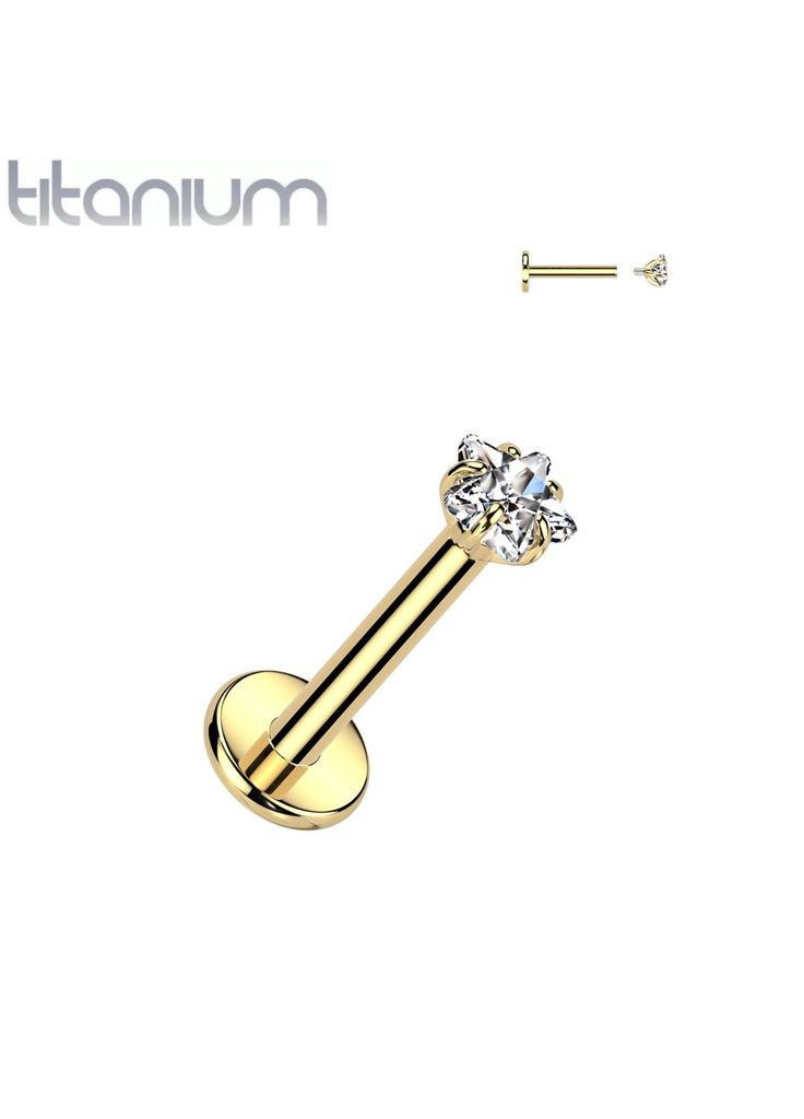 Серьга лабрет из титана для пирсинга губ, уши TIL052-16063-GDC с фианитом в форме звездочки (1,2мм 6мм) Spikes (333342386)