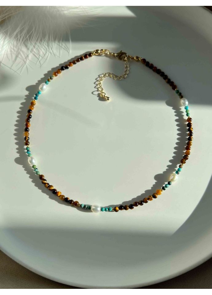 Чокер из тигрового глаза и бирюзы с жемчугом 5615 LeBijou (368559113)