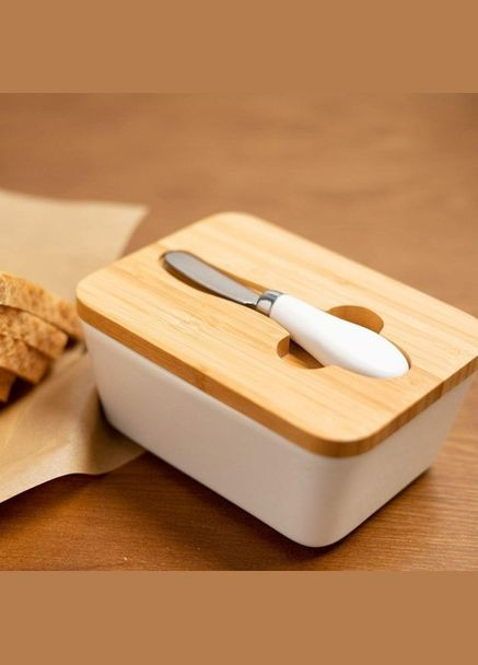 Маслянка керамічна 500 мл з бамбуковою кришкою та ножем для масла Біла Olens (349821201)