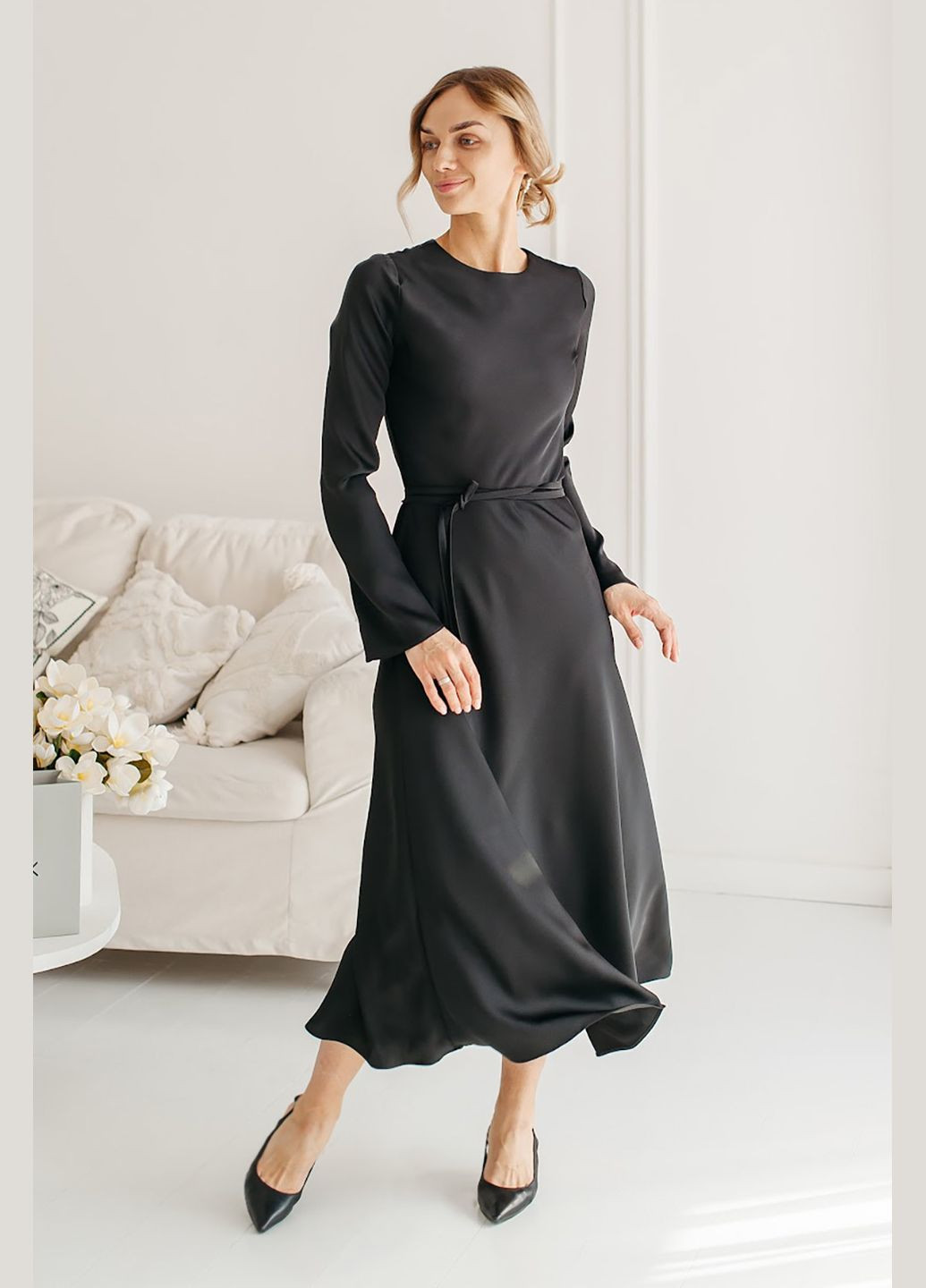 Черное платье из двойного шелка с поясом maureen Lana Bryk однотонное