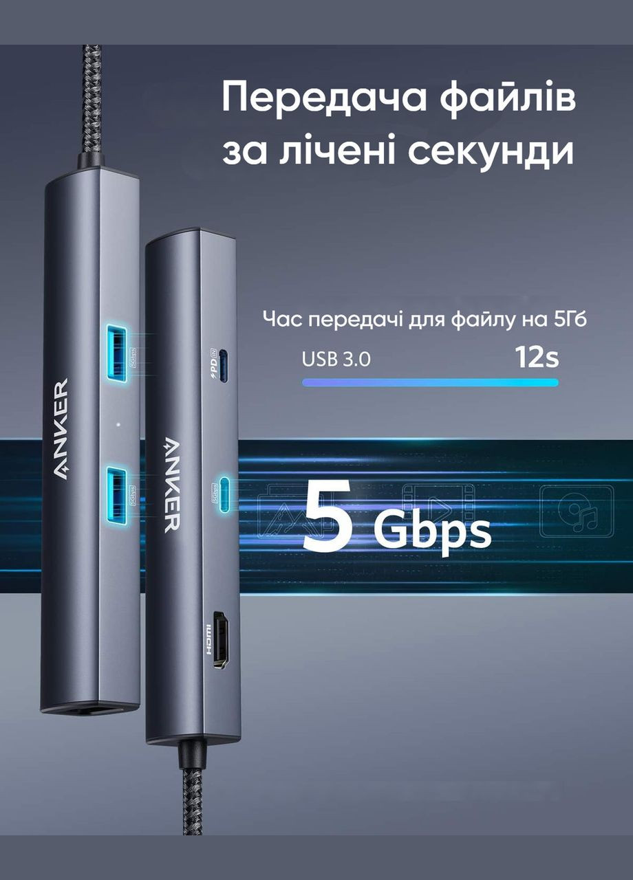 USB-Хаб 543 USB-C Hub (6-в-1) універсальний хаб на 6 портів з Ethernet та HDMI, Grey Anker (336377235)