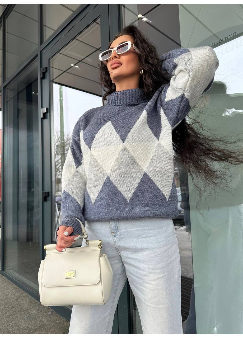 Сіро-голубий зимовий теплий напіввовняний светр romb з високим горлом! пуловер BANG__BOOOM