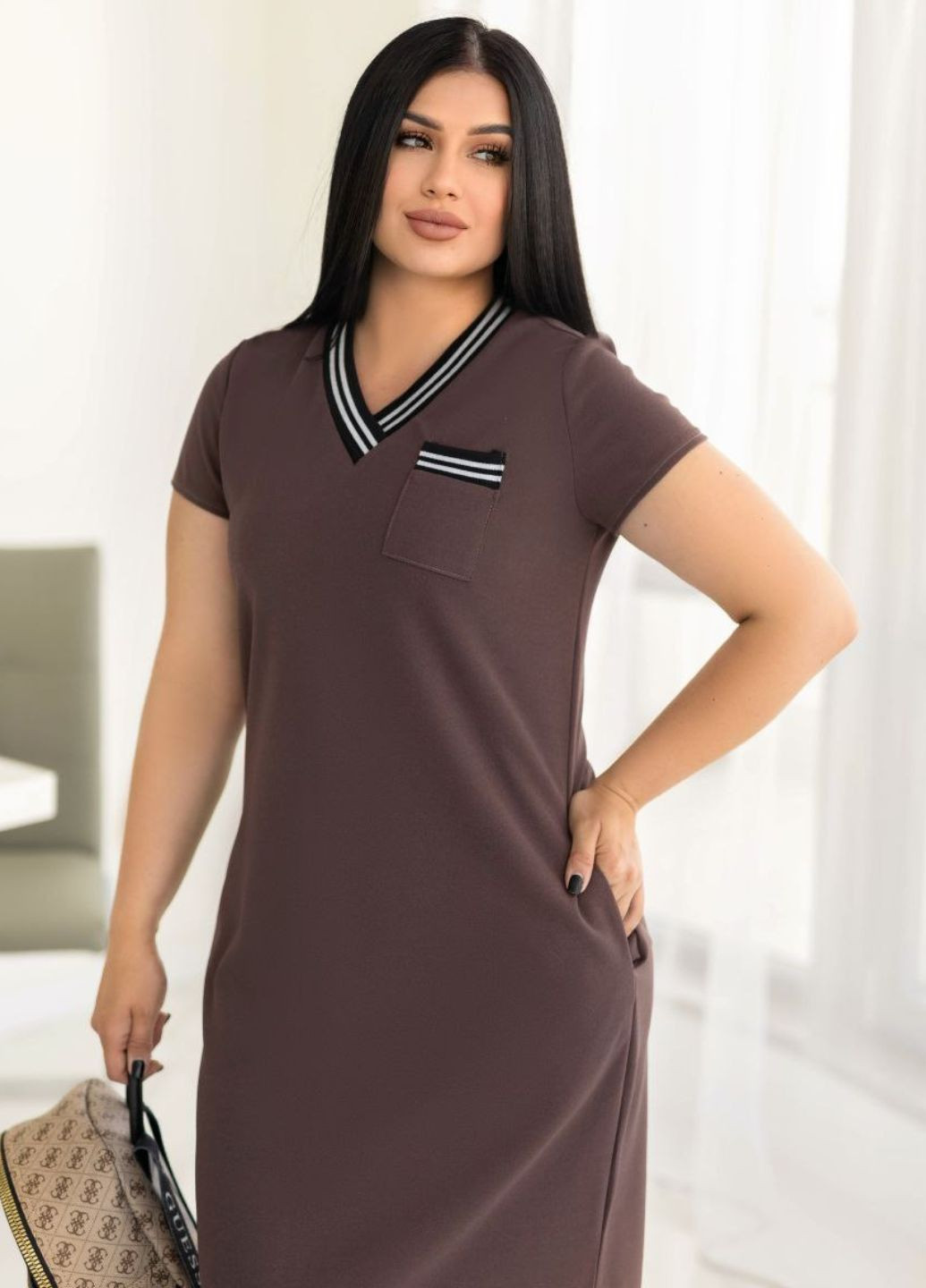 Коричневое повседневный изысканное легкое летнее меди платье футболка с короткими рукавами и карманами платье-футболка Allthings однотонное