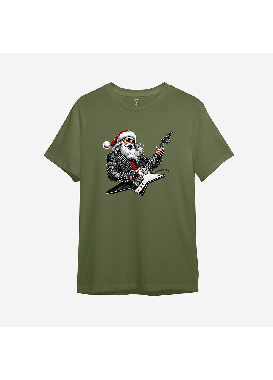 Оливкова новорічна футболка з принтом "санта на дисторшені" (10492271123) з коротким рукавом ТiШОТКА