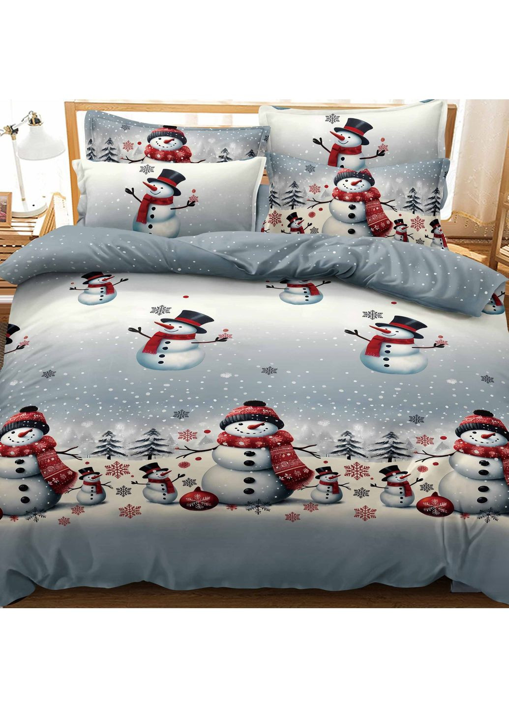 Постельное белье двуспальное с наволочками 50х70 светло-серое новогоднее Снеговики Фланель Байка 954693 Ananasko (370281619)