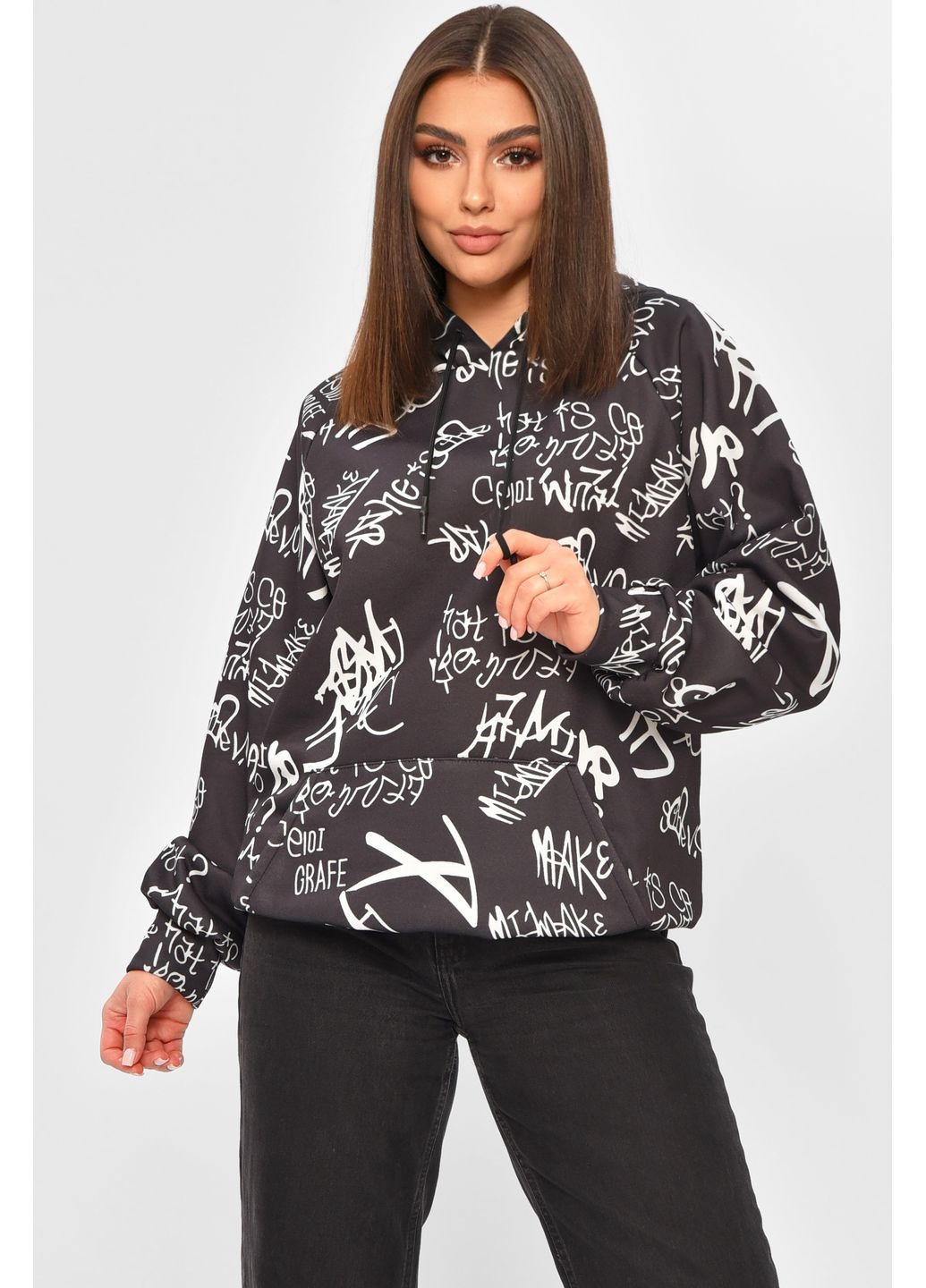 Чорний худі жіноче напівбатальне утеплене чорного кольору з принтом Let's Shop малюнок без декору (361230475)