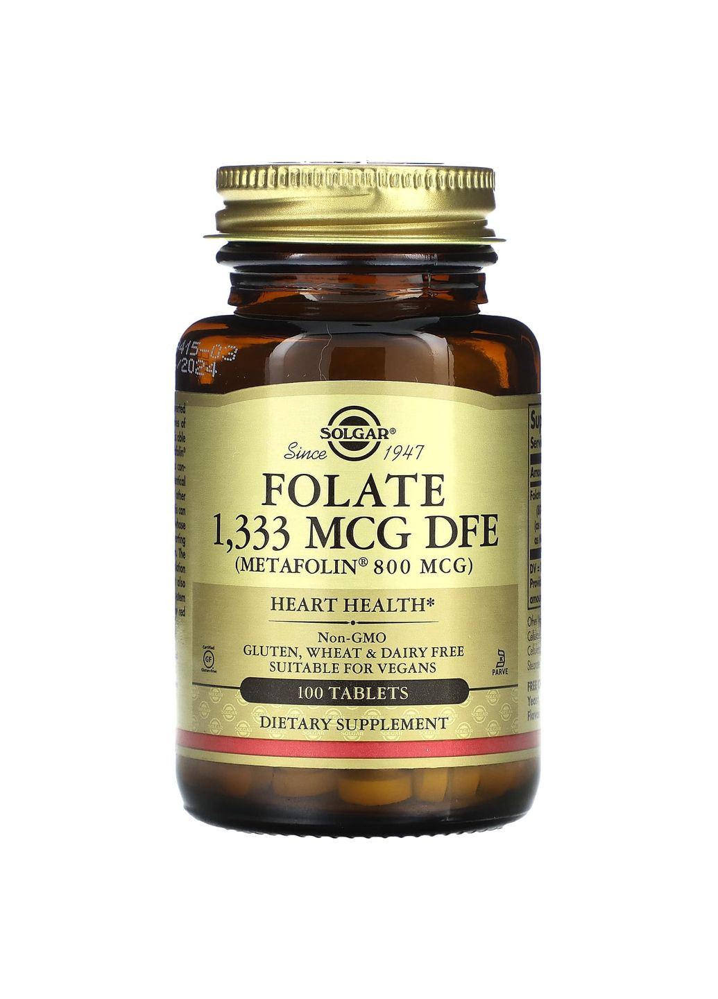 Фолиевая кислота, Folate, фолат, 1333 мкг DFE (800 мкг), 100 таблеток Solgar (322066497)