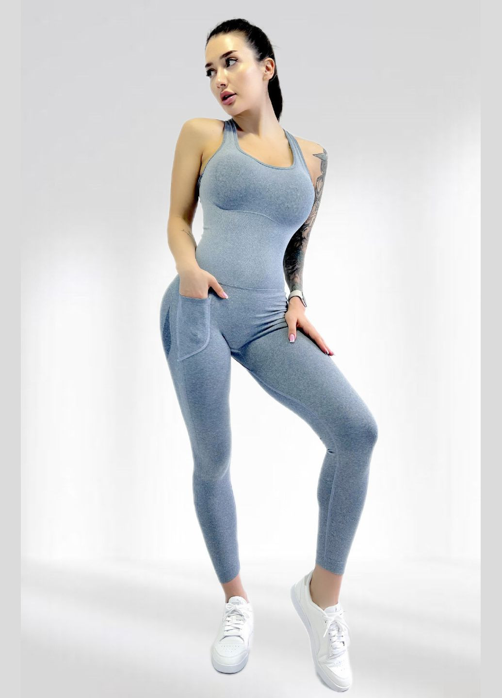 Спортивний жіночий комбінезон для гімнастики йоги фітнесу LILAFIT комбінезон-брюки сірий спортивний нейлон