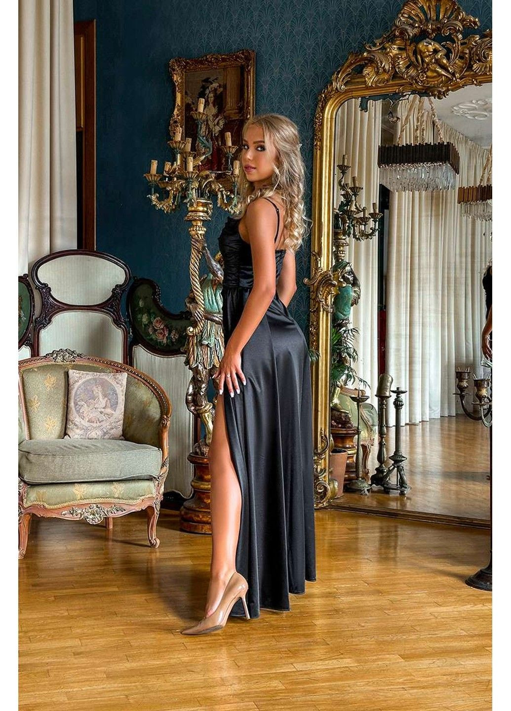 Черное вечернее платье блеск разрез 24057 черное Tanita-Romario