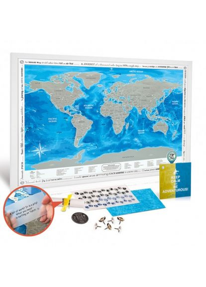 Скретч карта Discovery Map World з рельєфом 88х62 см синя для подорожей та відкриттів карта світу ProDobro (365442630)