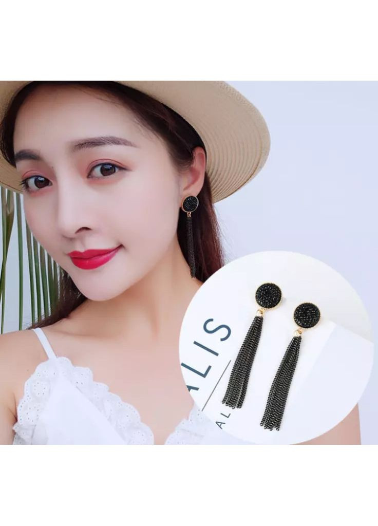 Сережки/сережки довгі блискучі з ланцюжками ошатні «Вrilliance» (чорний) China (366874968)