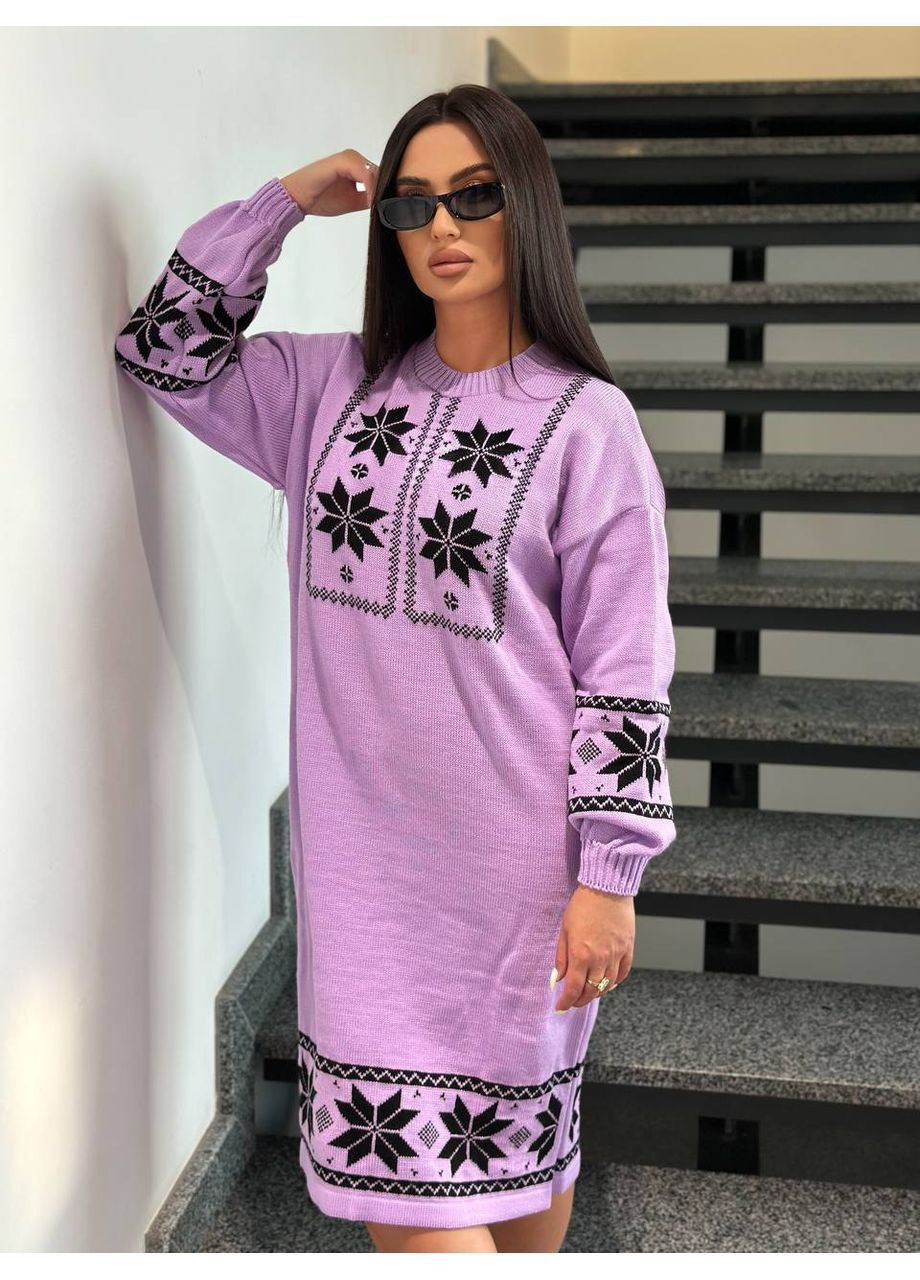 Сиреневое праздничный, повседневный, кэжуал женское вязаное платье No Brand с орнаментом