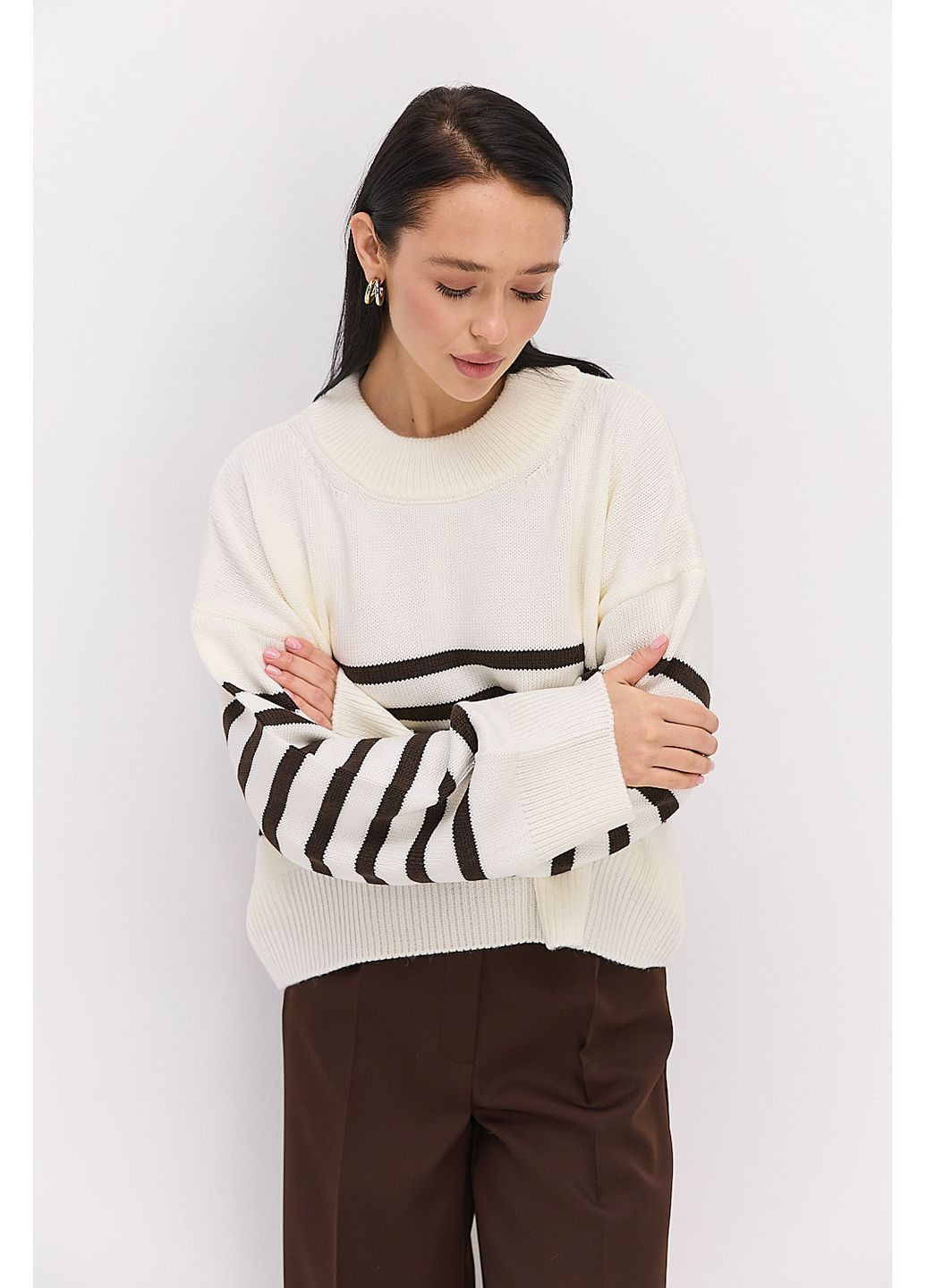 Вязаный женский свитер оверсайз светло-зеленый в молочную полоску Arjen (370602270)