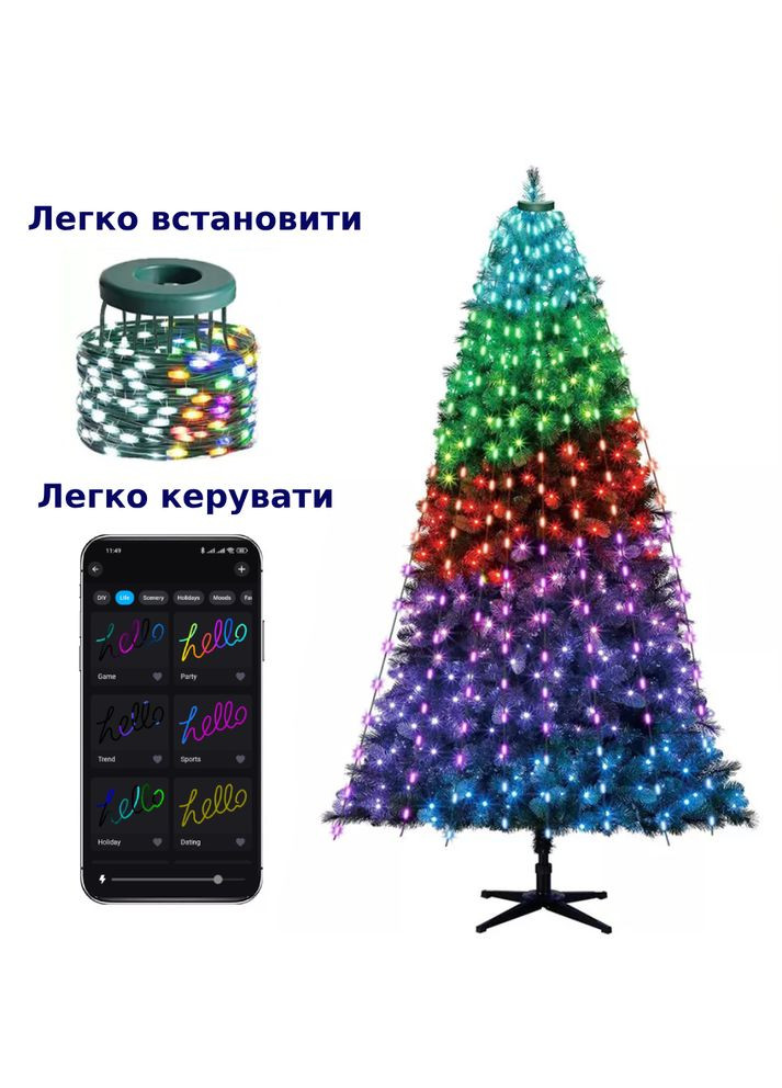 Світлодіодна розумна гірлянда з кільцем на ялинку, 10 ниток по 2,5 м, 250 LED RGB Lem Berger (363131252)