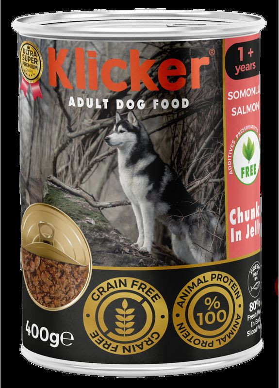 Вологий корм Klicker для дорослих собак шматочки ЛОСОСЯ в желе конс 400г. Hermos (368700854)