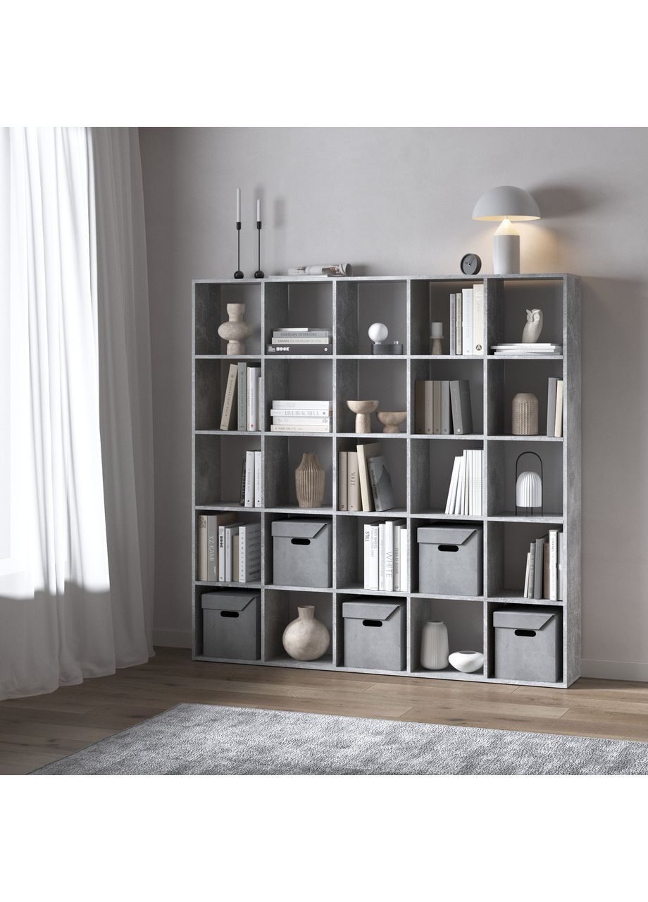 Стелаж M-4 Бетон, книжкова полиця з 25 комірками, ЛДСП, 178×29×178 см — для дому, офісу, дитячої або вітальні VAYS (373315189)
