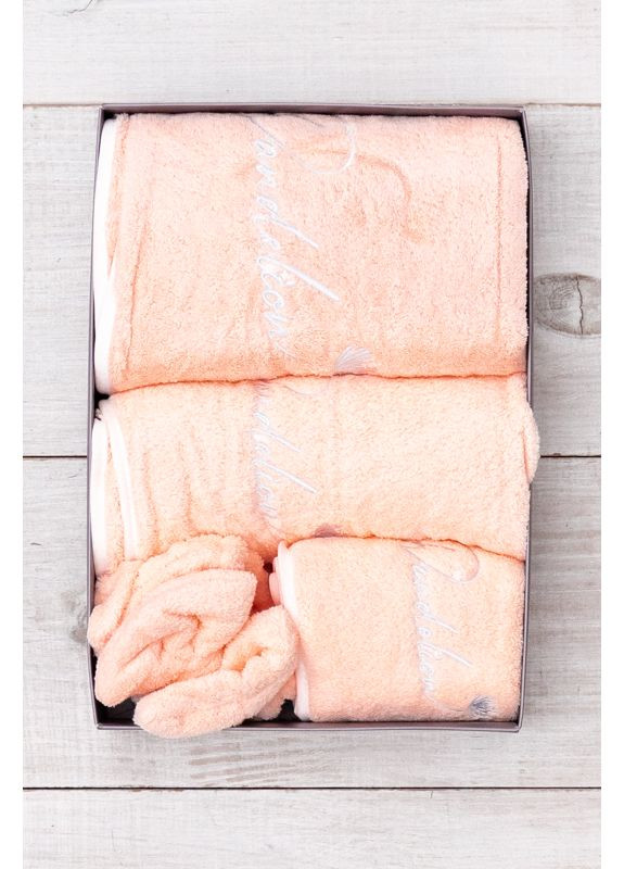 Подарочный набор: полотенца из микрофибры (банное, лицевое) и аксессуары для волос (p-18811) Носи своє однотонный персиковый