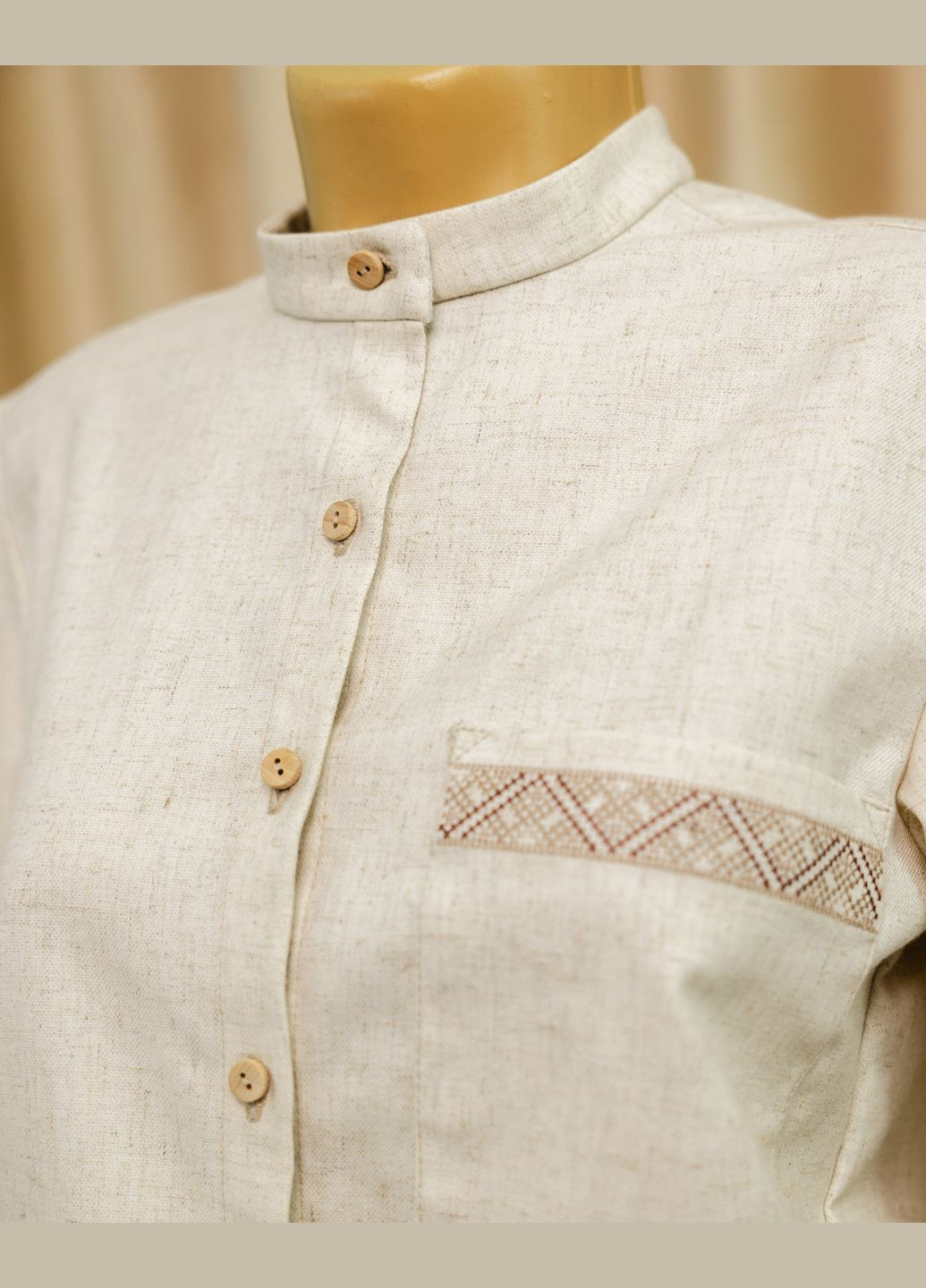 Бежева сорочка вишита жіноча лляна на стійку яворина візерунок орнамент вільна віскоза, льон (335980179)