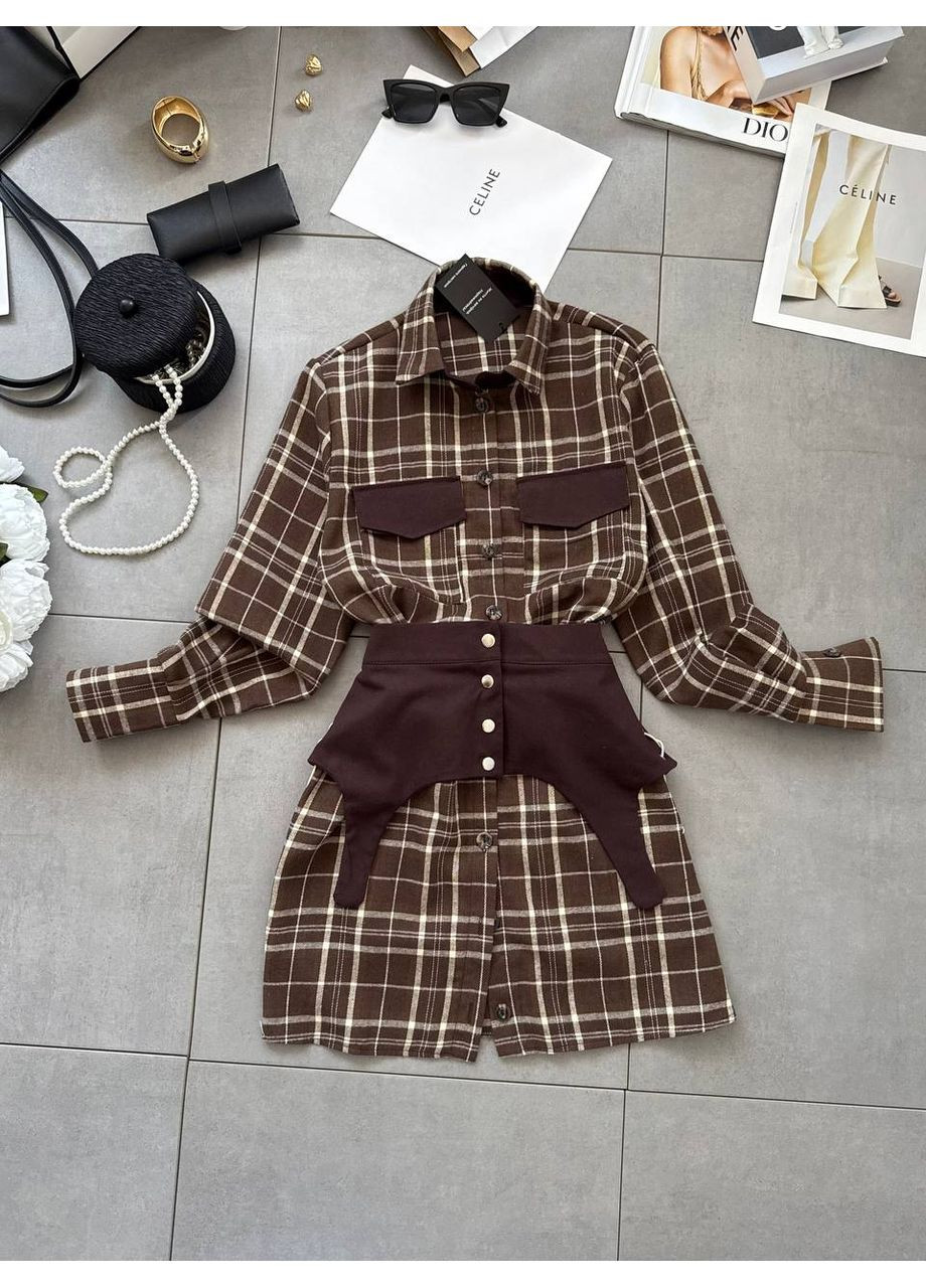 Коричневая повседневный рубашка в клетку DK/DL Мода без кордонів с длинным рукавом