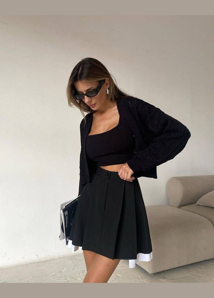 Трендова коротка спідниця з натуральної тканини: льон + коттонові вставки, чорна спідниця на гудзику з білими вставками No Brand Г 1469 1075 (278676058)