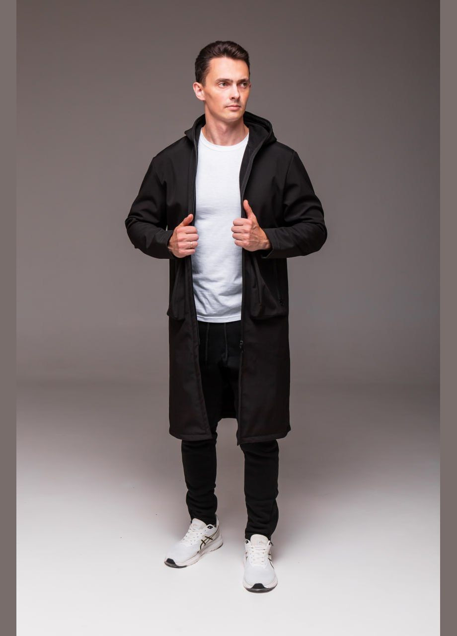 Черное демисезонное Пальто удлиненное Softshell на флисе Vakko
