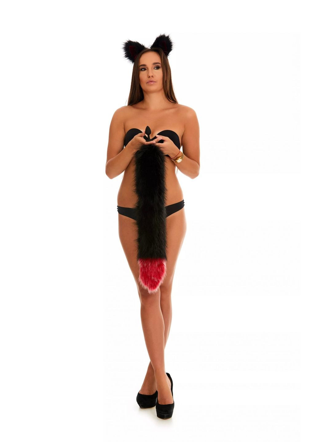 Анальный меховой хвост без пробки, Черный с темно-красным кончиком, 60 см. OKOVA (315148722)