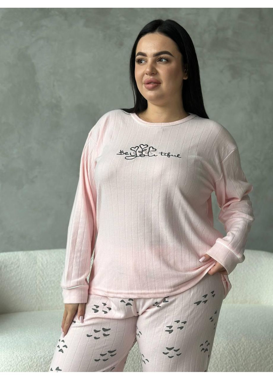 Рожева жіноча піжама plus size рожева, трикотажна, принт вії / домашній комплект великих розмірів, кофта + штани / піжама жіноча No Brand