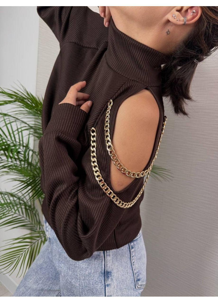 Коричневый женский свитер с цепочками на флисе No Brand Р4939-610