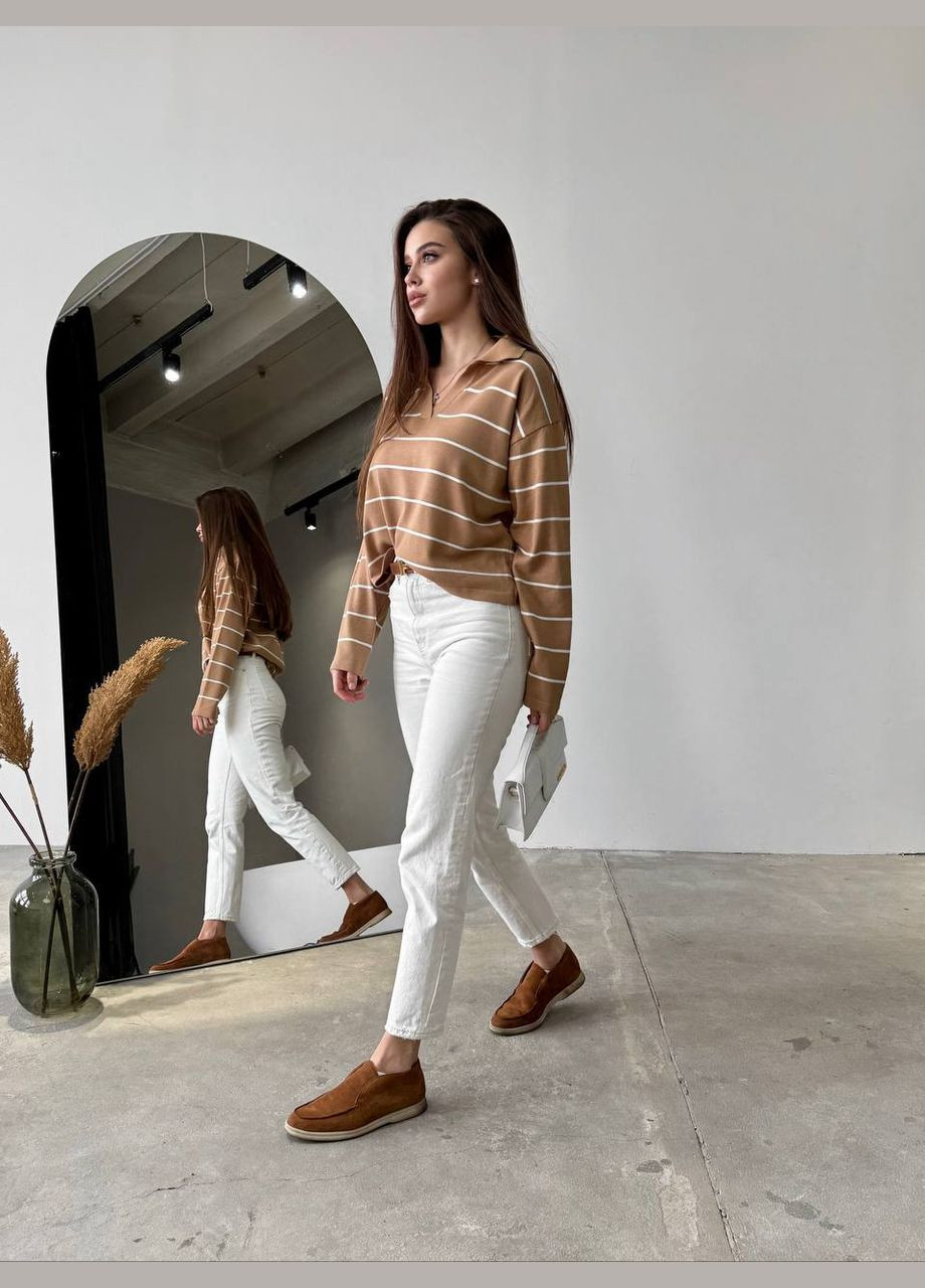 Темно-бежевая женская футболка-поло женское No Brand в полоску