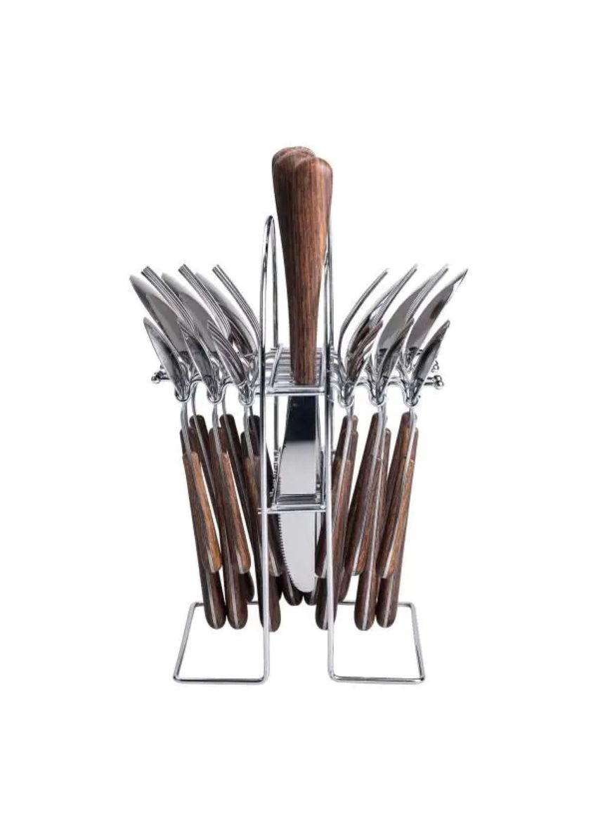 Набір столових приборів на 6 персон з дерев'яними ручками на підставці столові прибори 24 шт Срібло HP-20-1 Yiwu (351431189)