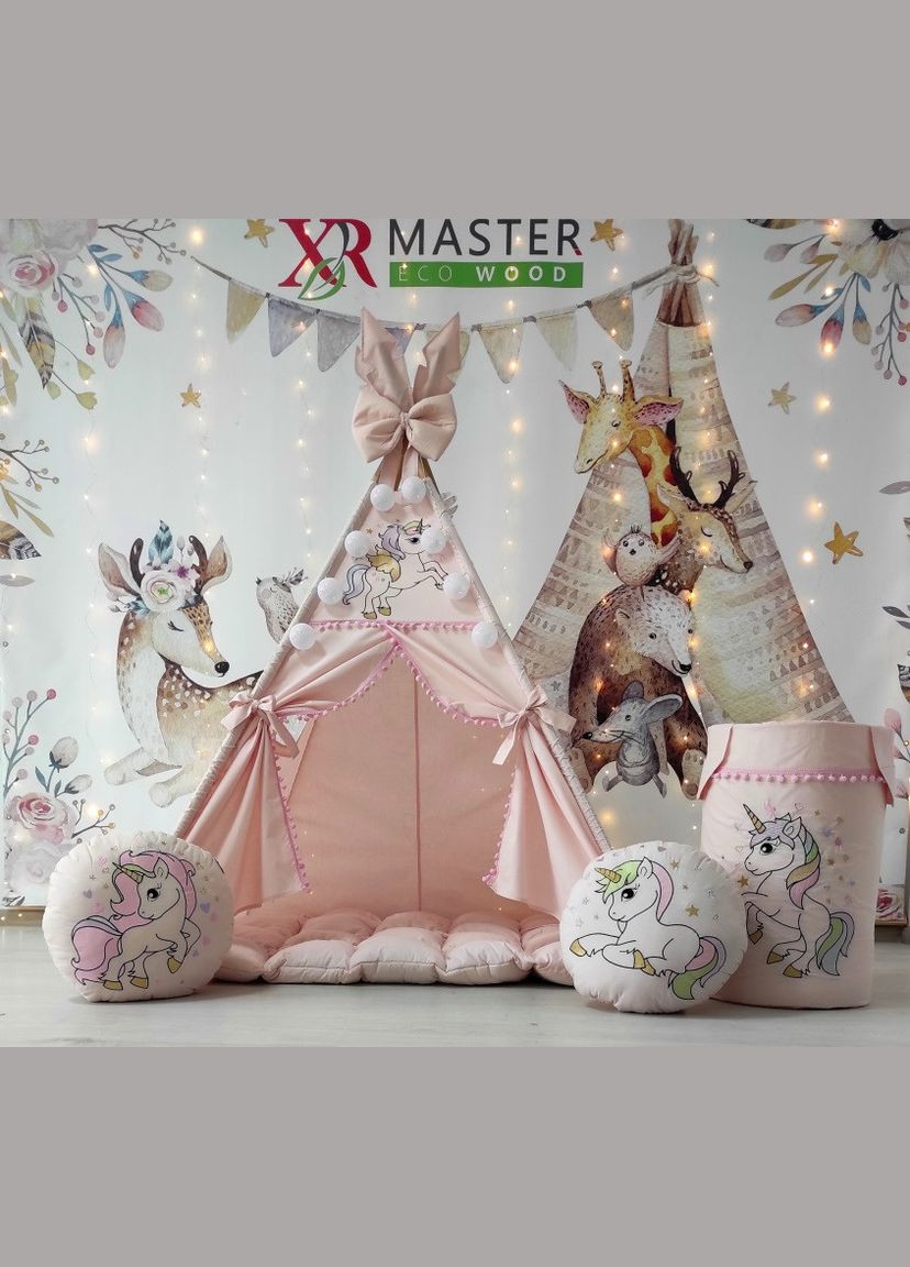 Палатка Вигвам для детей БОН БОН Веселые единороги на пудре + корзина для игрушек Полный комплект! No Brand (316221714)