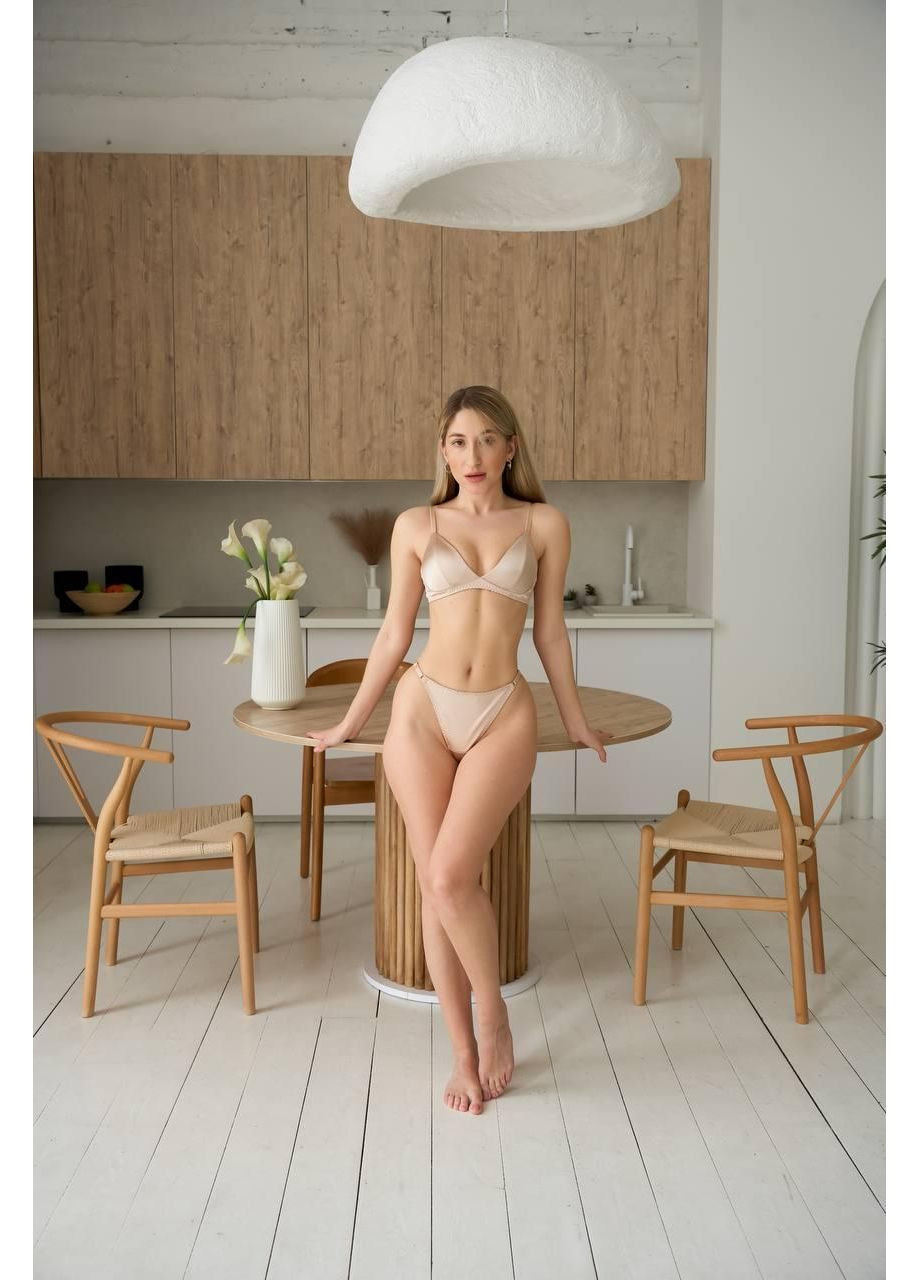 Бежевий демісезонний комплект жіночої білизни атласний нюдовий / ніжний комплект білизни з сатину / базовий комплект білизни бежевого кольору No Brand