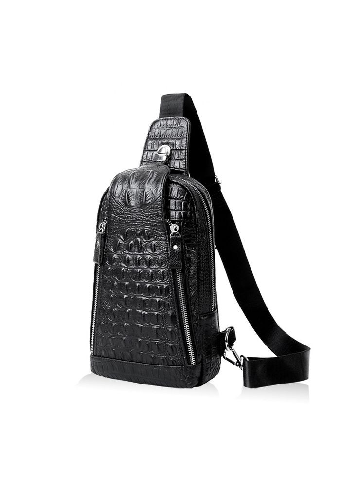 Кожаная мужская сумка бананка рептилия кроссбоди слинг на грудь из натуральной кожи для молодежи черная сумка на плечо ProDobro (363259883)