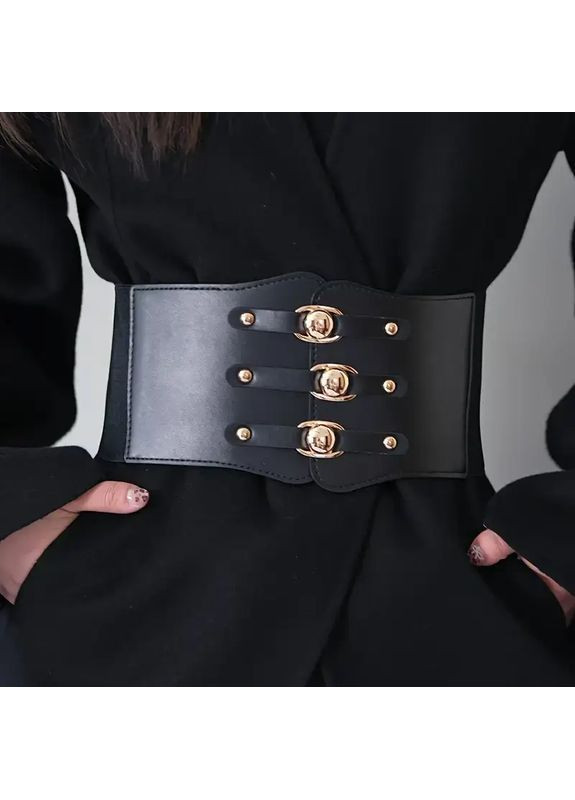 Широкий черный эластичный пояс-корсет с декоративными пряжками No Brand (368643320)