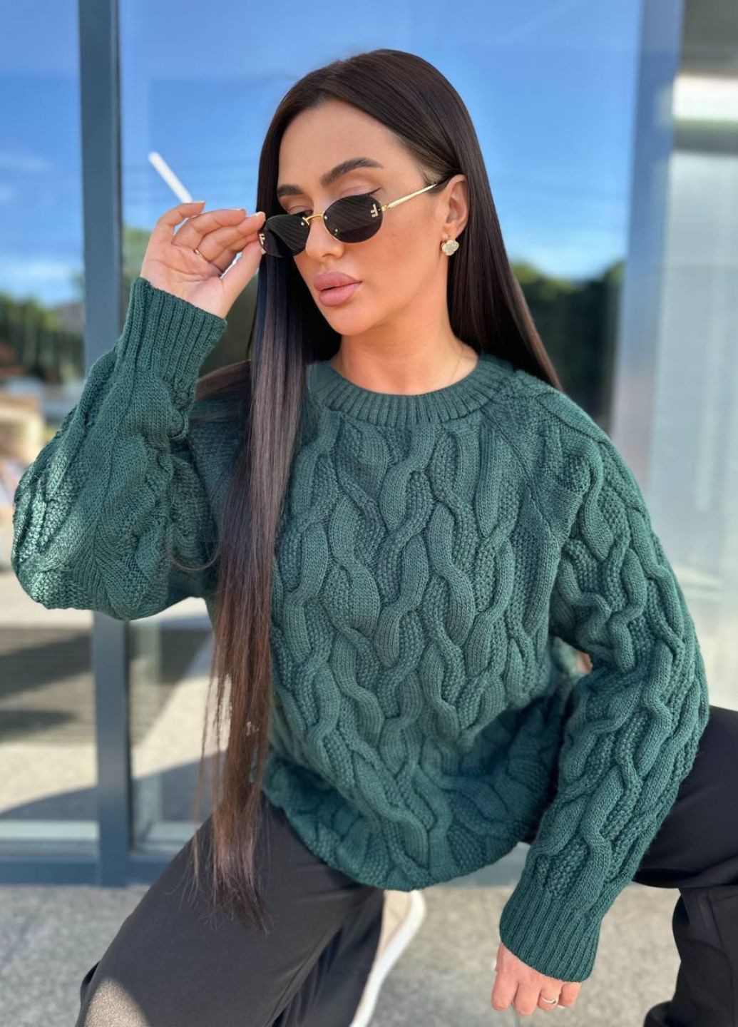 Смарагдовий демісезонний вишуканий повсякденний в'язаний светр з об'ємним візерунком та довгими рукавами реглан Allthings
