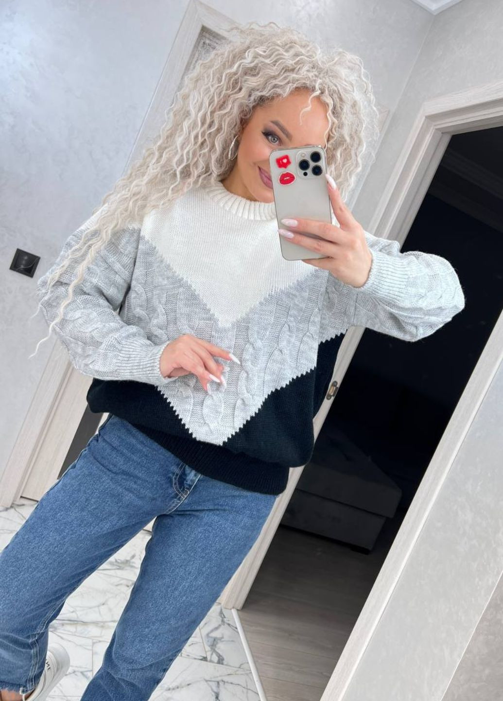 Сіро-синій демісезонний в'язаний светр джемпер Україна