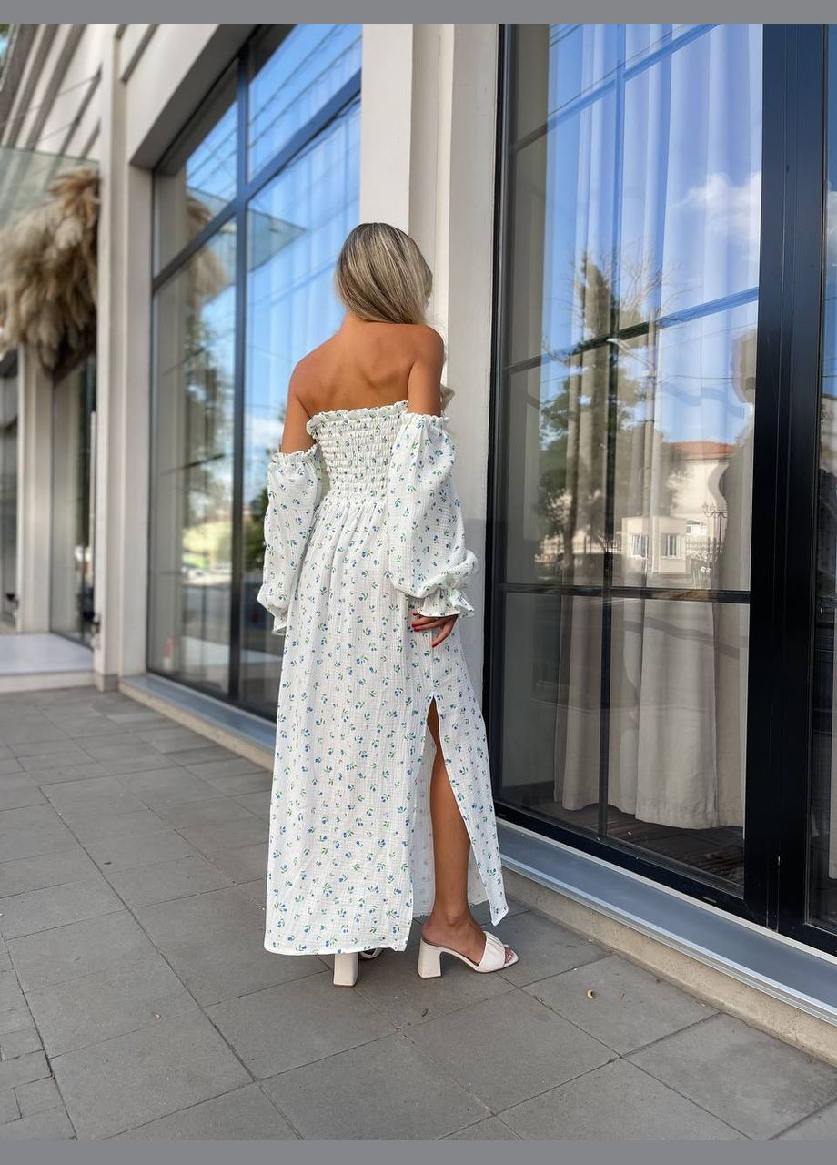 Блакитна повсякденний жіноча максі сукня з розрізом у квітку з відкритими плечима Style Point з квітковим принтом