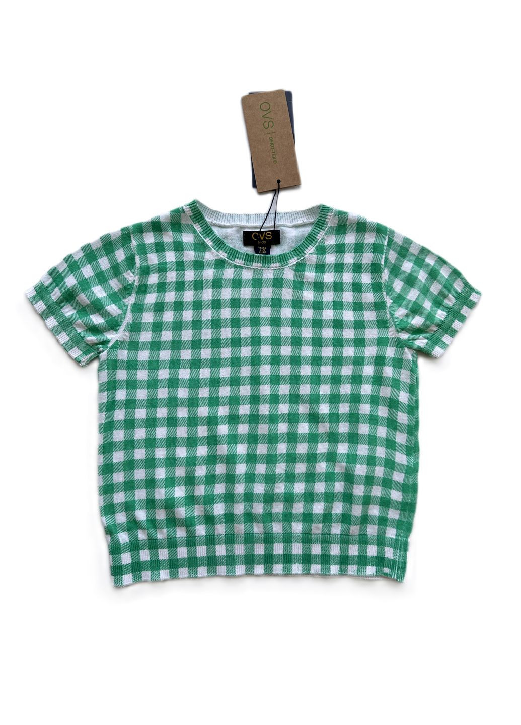 Зеленый летний комплект для девочки футболка в клетку зеленая 2000-15 + леггинсы темно-синие трикотажные 2000-16 (110 см) OVS