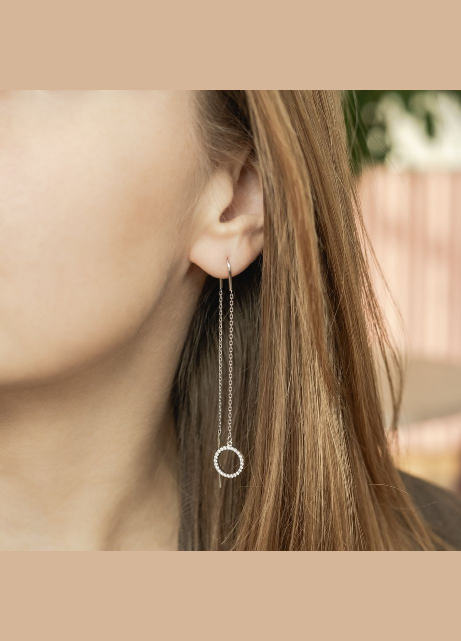 Оригинальные серьги из серебра протяжки Круги на цепочке с белыми фианитами No Brand (333705644)