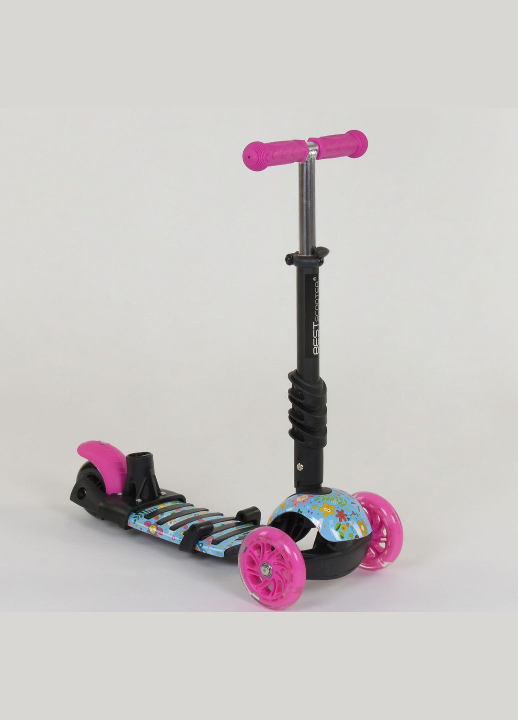 Детский самокат 5 в 1 26901. Абстракция, PU колёса, подсветка в колесах. Розовый Best Scooter (279928558)