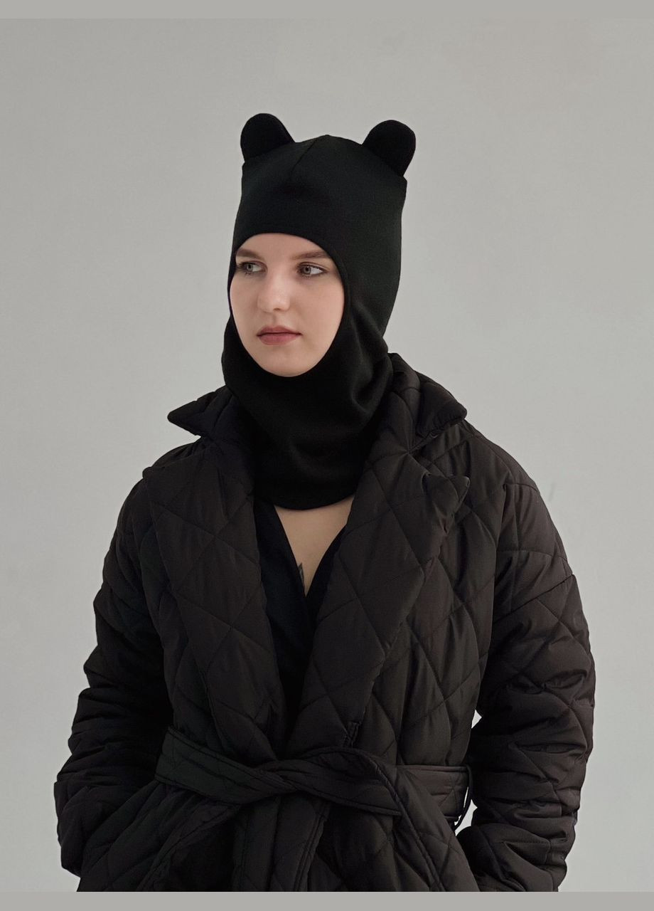 D.Hats балаклава тепла з вушками однодирочна однотонний чорний спортивний, повсякденний, кежуал трикотаж виробництво - Україна