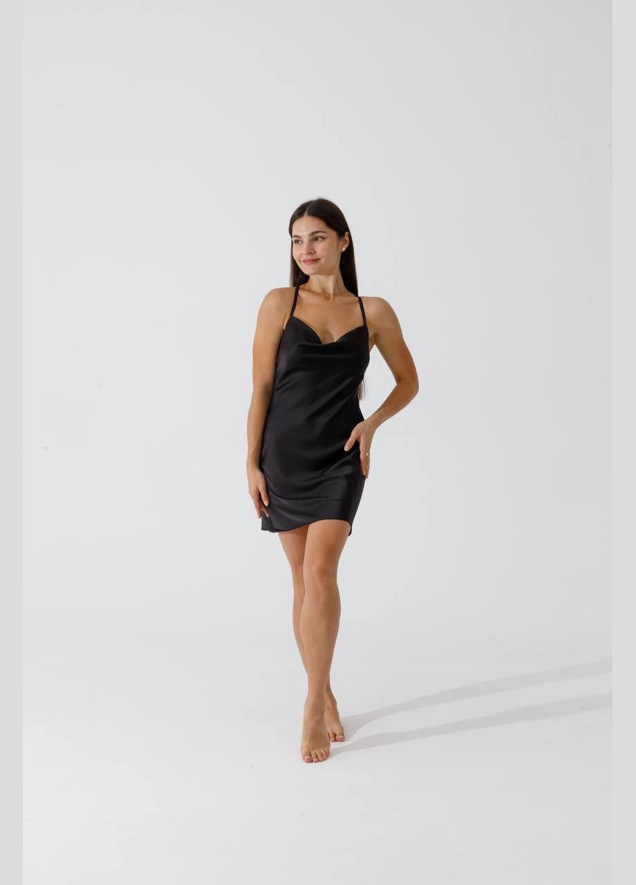 Чорна сорочка з італійського шовку, чорна, коротка на бретельках Shine