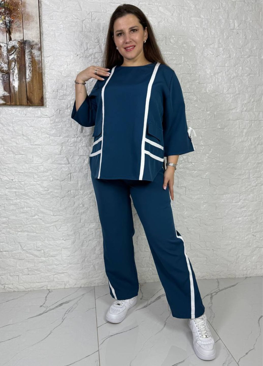 Класичний костюм двійка з декоративними стрічками: кофта з рукавами 3/4 + штани Україна (322581900)