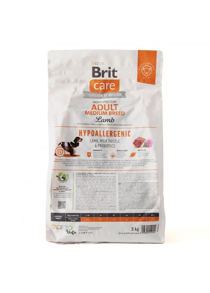 Сухой корм Dog Hypoallergenic Adult Medium Breed для собак средних пород, гипоаллергенный с ягненком, 3 кг Brit Care (362703306)