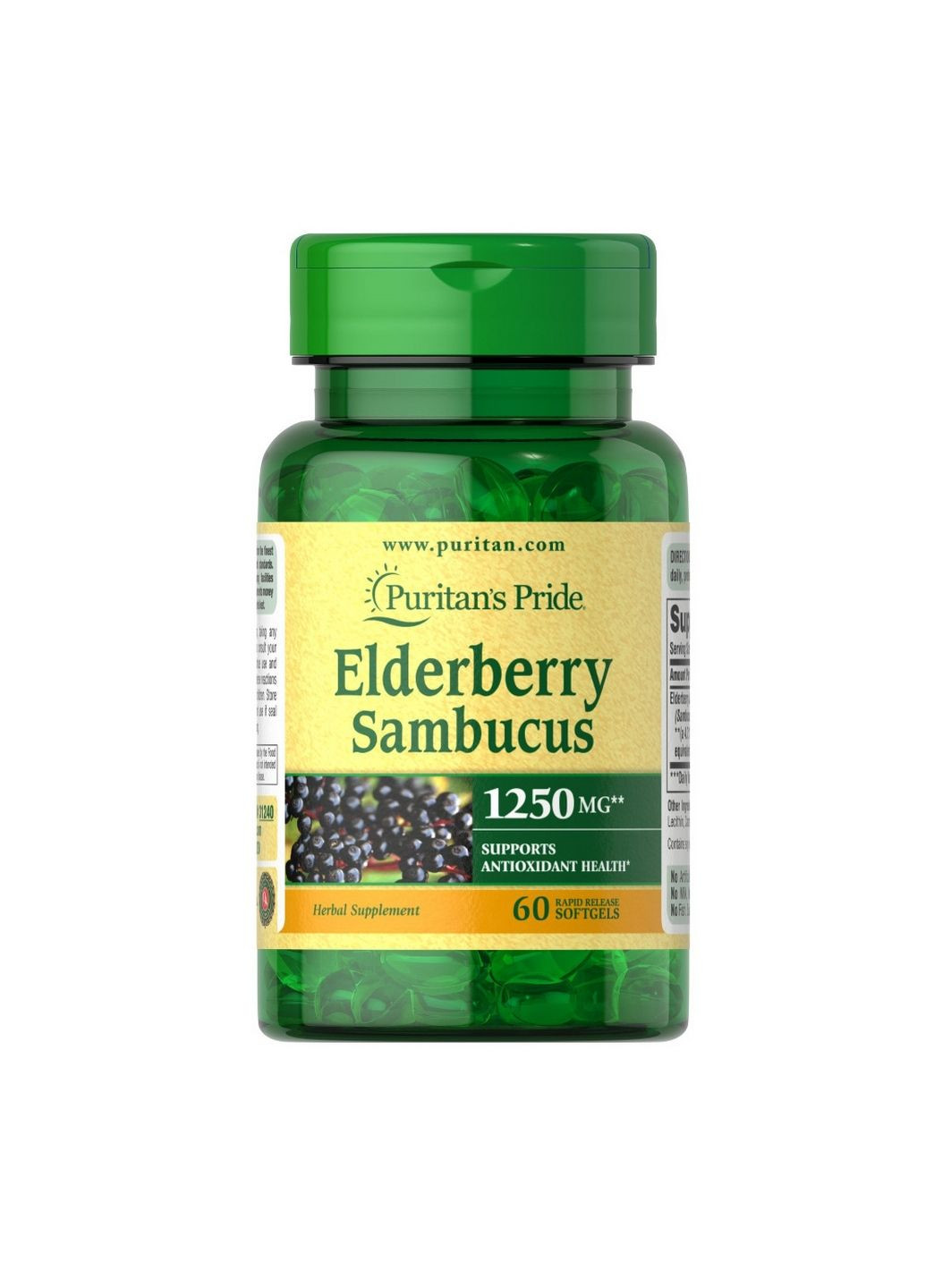 Натуральна добавка Elderberry Sambucus 1250 mg, 60 капсул Puritans Pride (293341956)