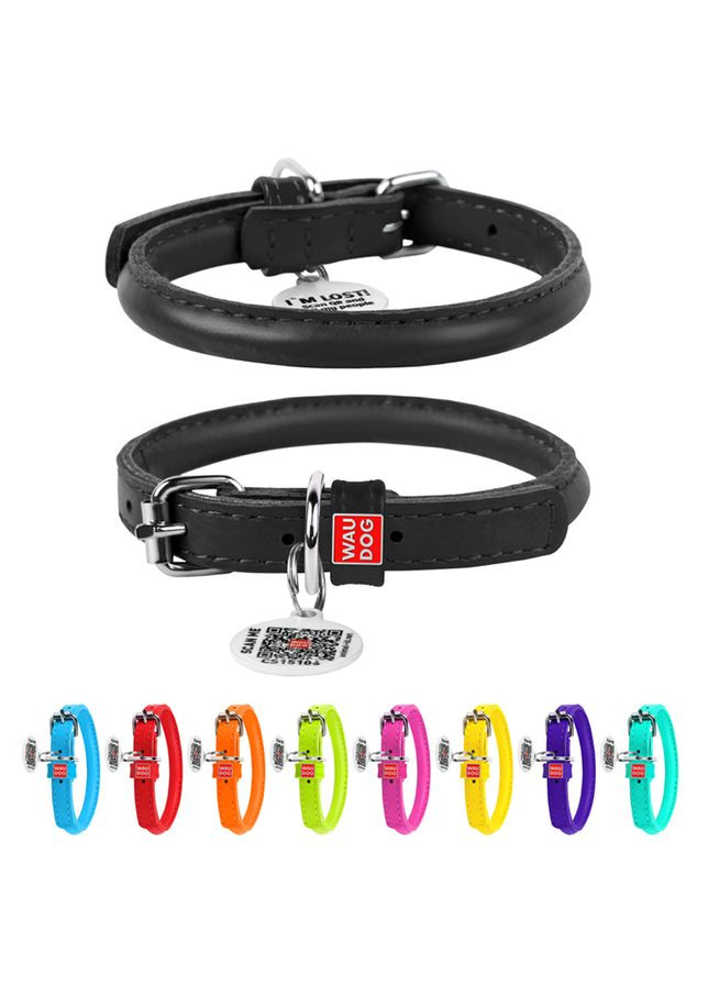 Ошейник для собак кожаный Glamour с QR паспортом, круглый, Д 8 мм, Длин 25-33 см черный WAUDOG (322002530)