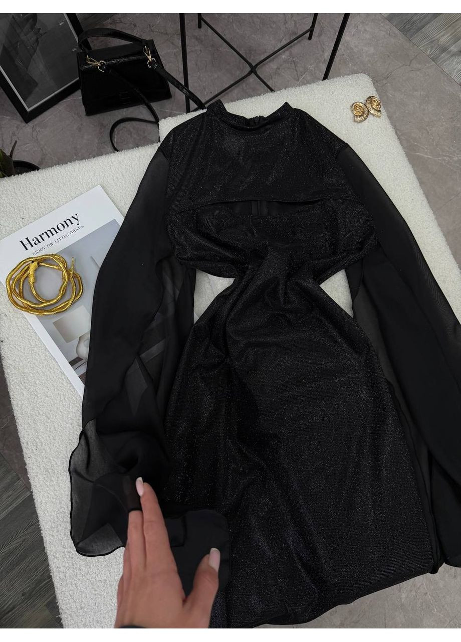 Черное праздничный платье из диско-ткани и шифоновыми рукавами «плащ» — замеры в описании силуэтная GD/GL Модний простір однотонное